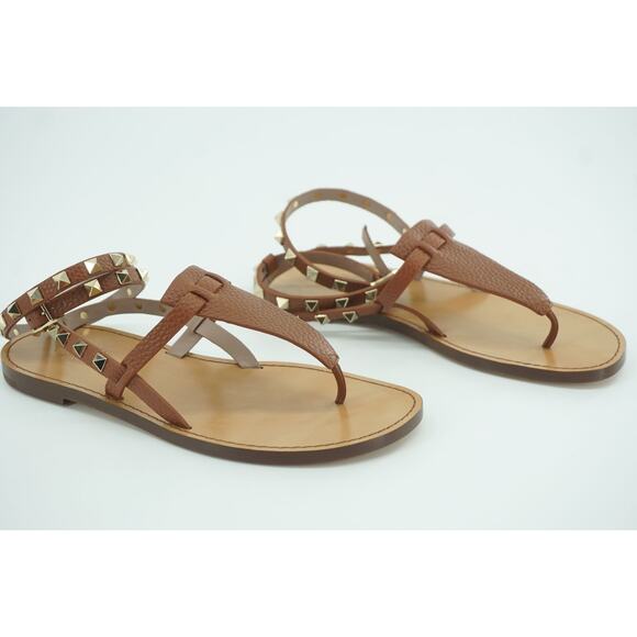 Valentino Rockstud brown Leather Ankle Strap Flat Thong Sandals Size 36 NIB $895 - Picture 4 of 12